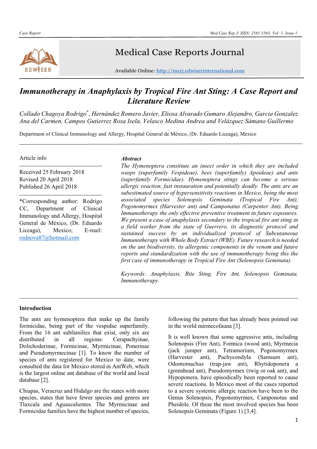 Immunotherapy in Anaphylaxis by Tropical Fire Ant Sting: a Case Report and Literature Review