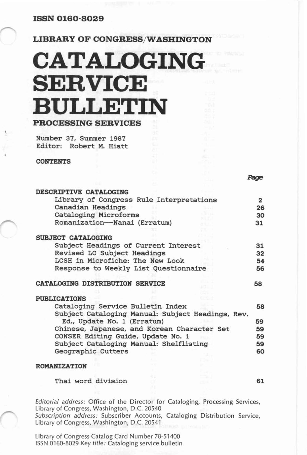 Cataloging Service Bulletin 037, Summer 1987