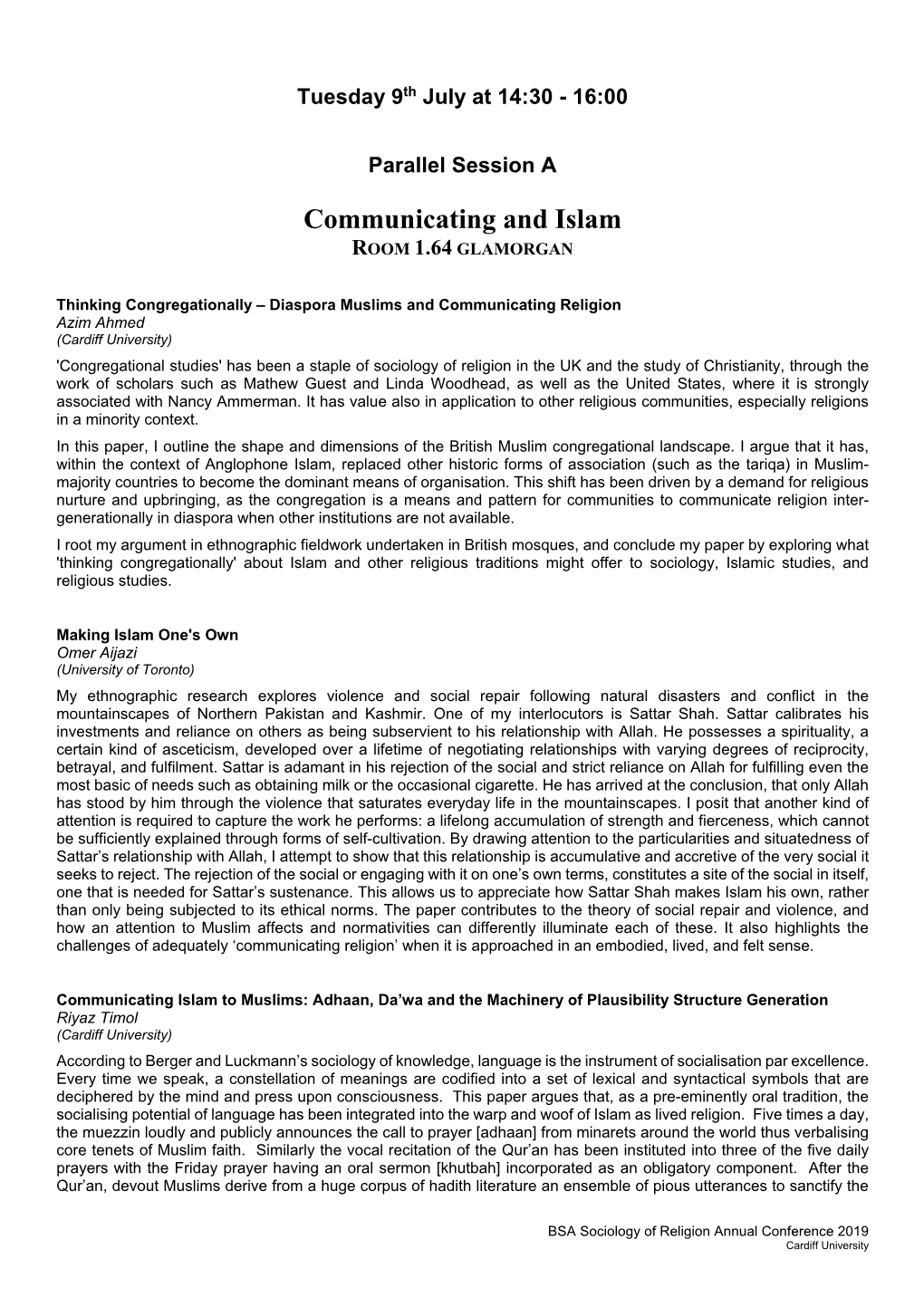 Communicating and Islam ROOM 1.64 GLAMORGAN