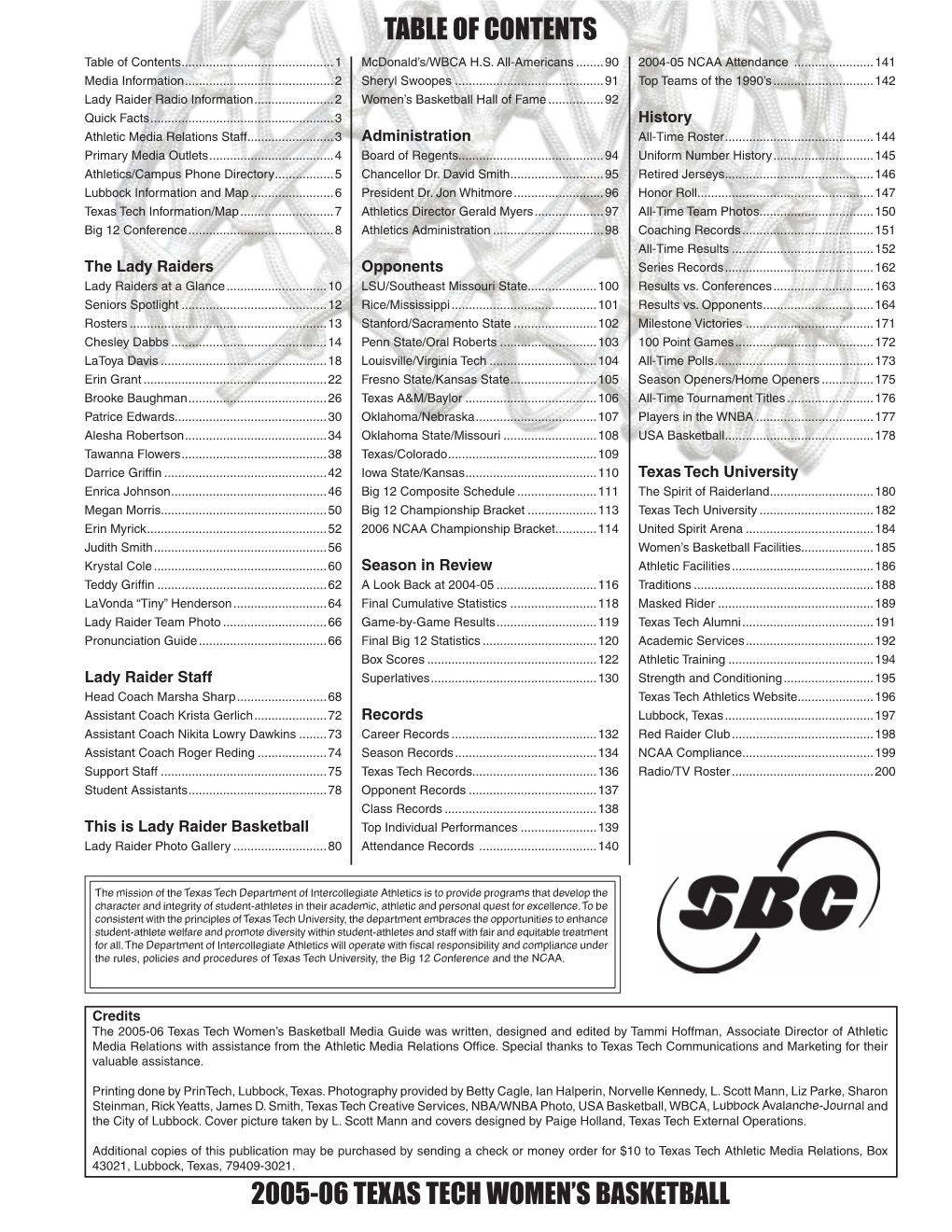 2005-06 Texas Tech Women's Basketball Table of Contents