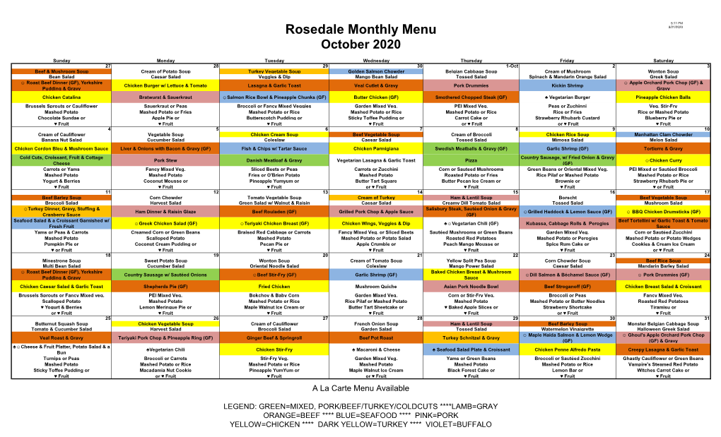 Rosedale Monthly Menu 9/21/2020 October 2020