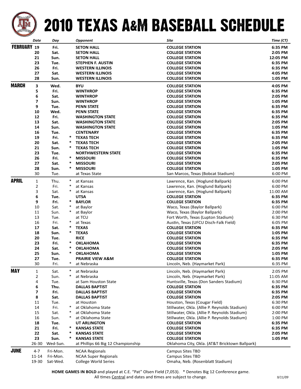 2010 Texas A&M Baseball Schedule