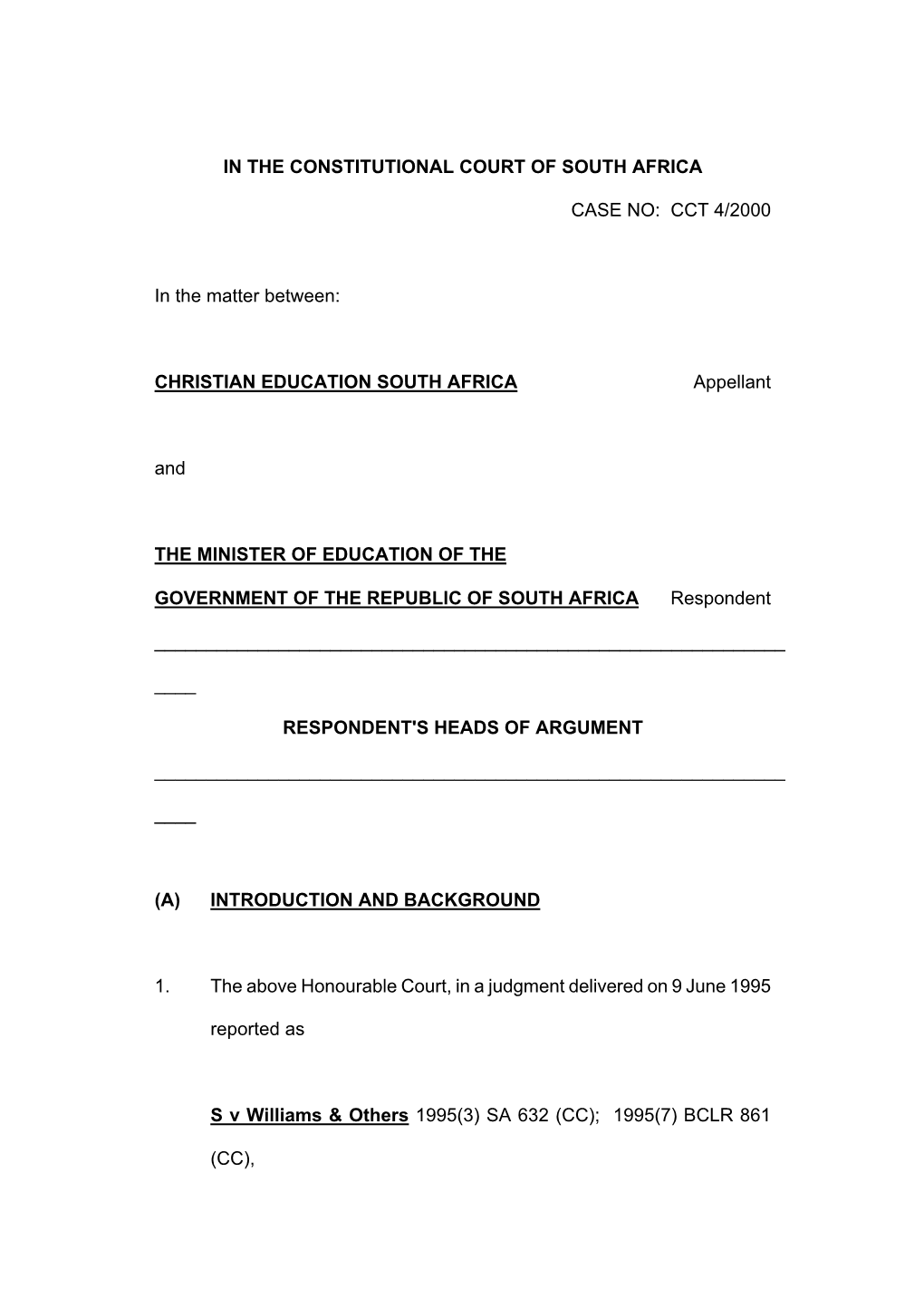 CHRISTIAN EDUCATION SOUTH AFRICA Appellant