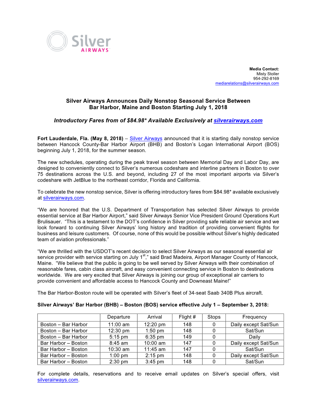 Silver Airways Announces Daily Nonstop Seasonal Service Between Bar Harbor, Maine and Boston Starting July 1, 2018