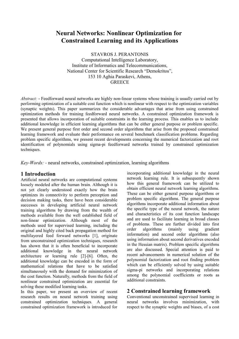 Neural Networks: Nonlinear Optimization for Constrained Learning and Its Applications