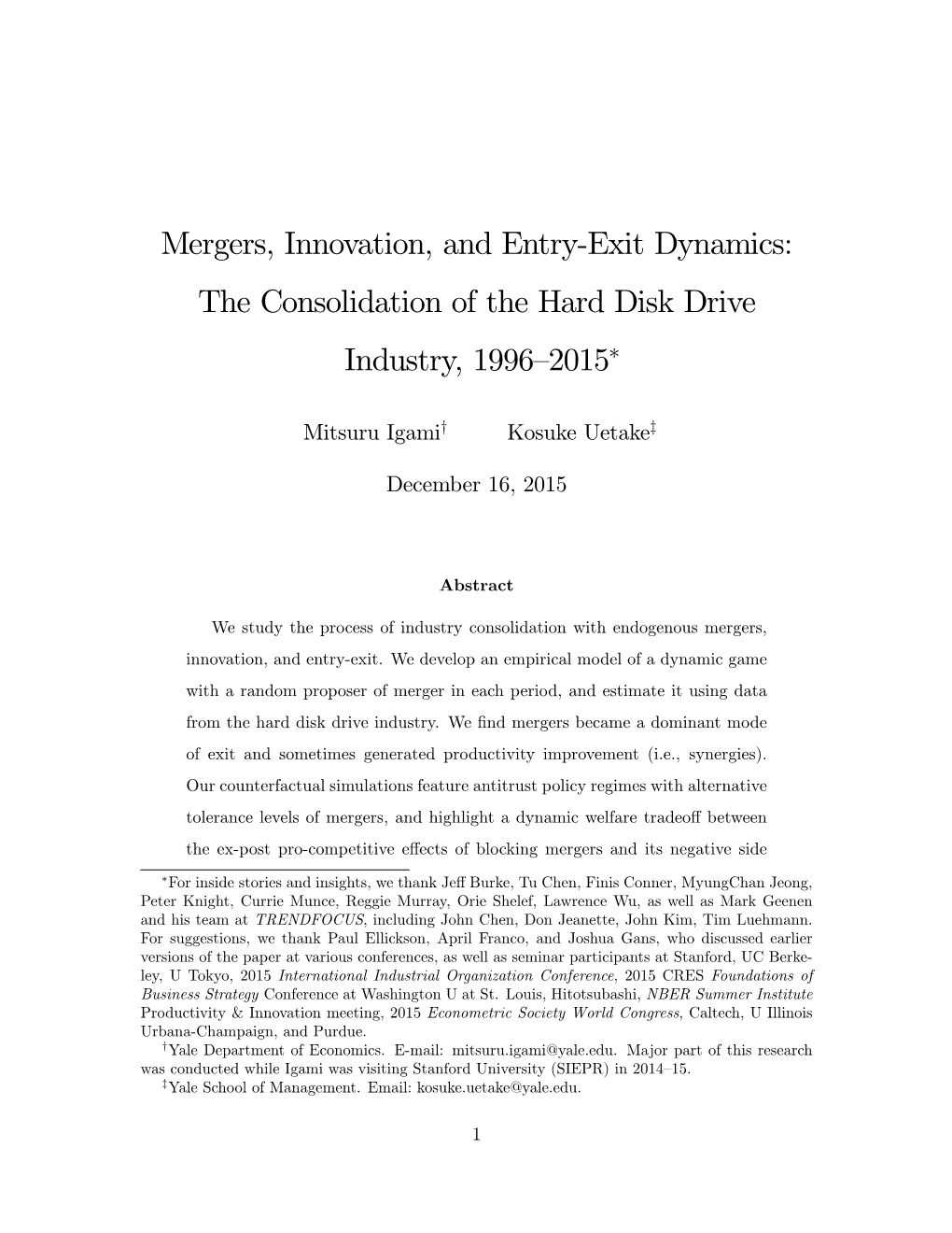 The Consolidation of the Hard Disk Drive Industry, 1996S2015