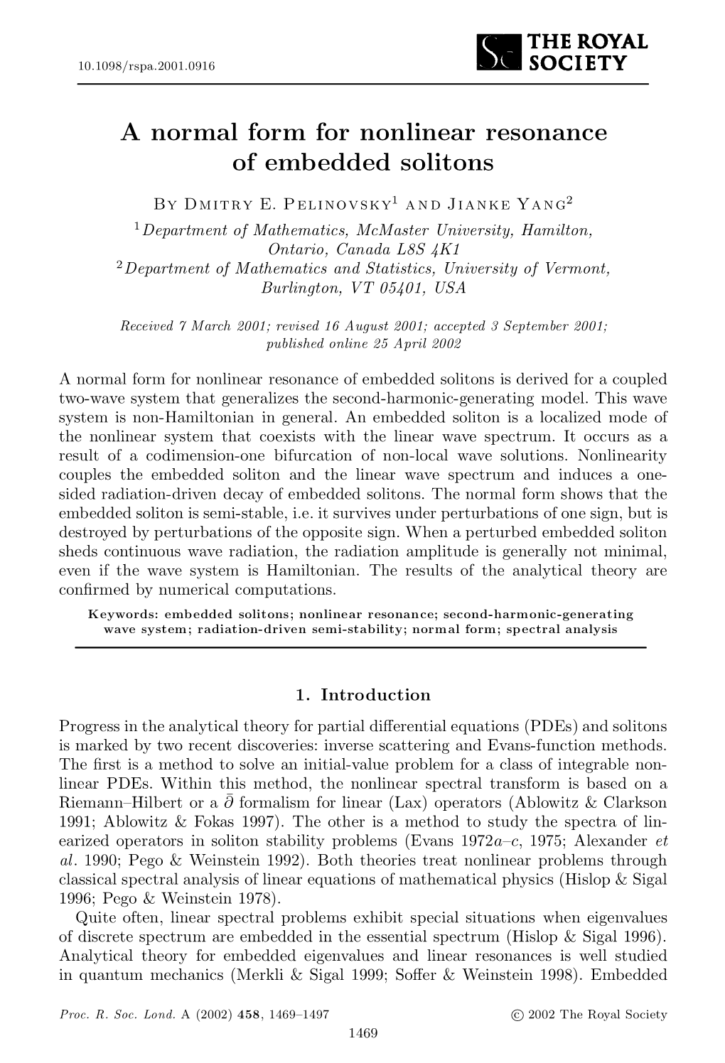 A Normal Form for Nonlinear Resonance of Embedded