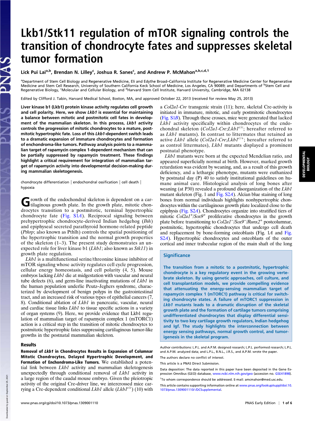 Lkb1/Stk11 Regulation of Mtor Signaling Controls the Transition of Chondrocyte Fates and Suppresses Skeletal Tumor Formation