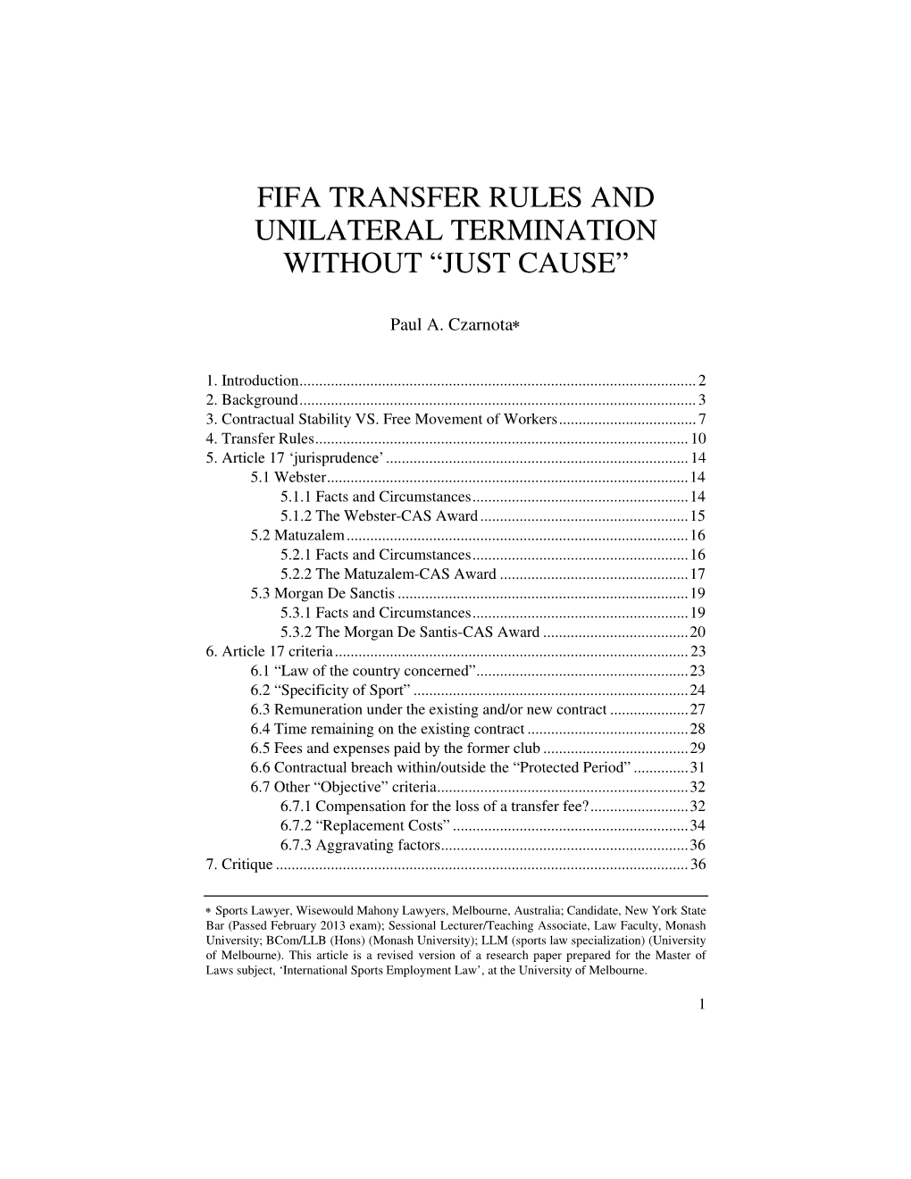 FIFA Transfer Rules and Unilateral Termination Without Â•Œjust Causeâ•Š