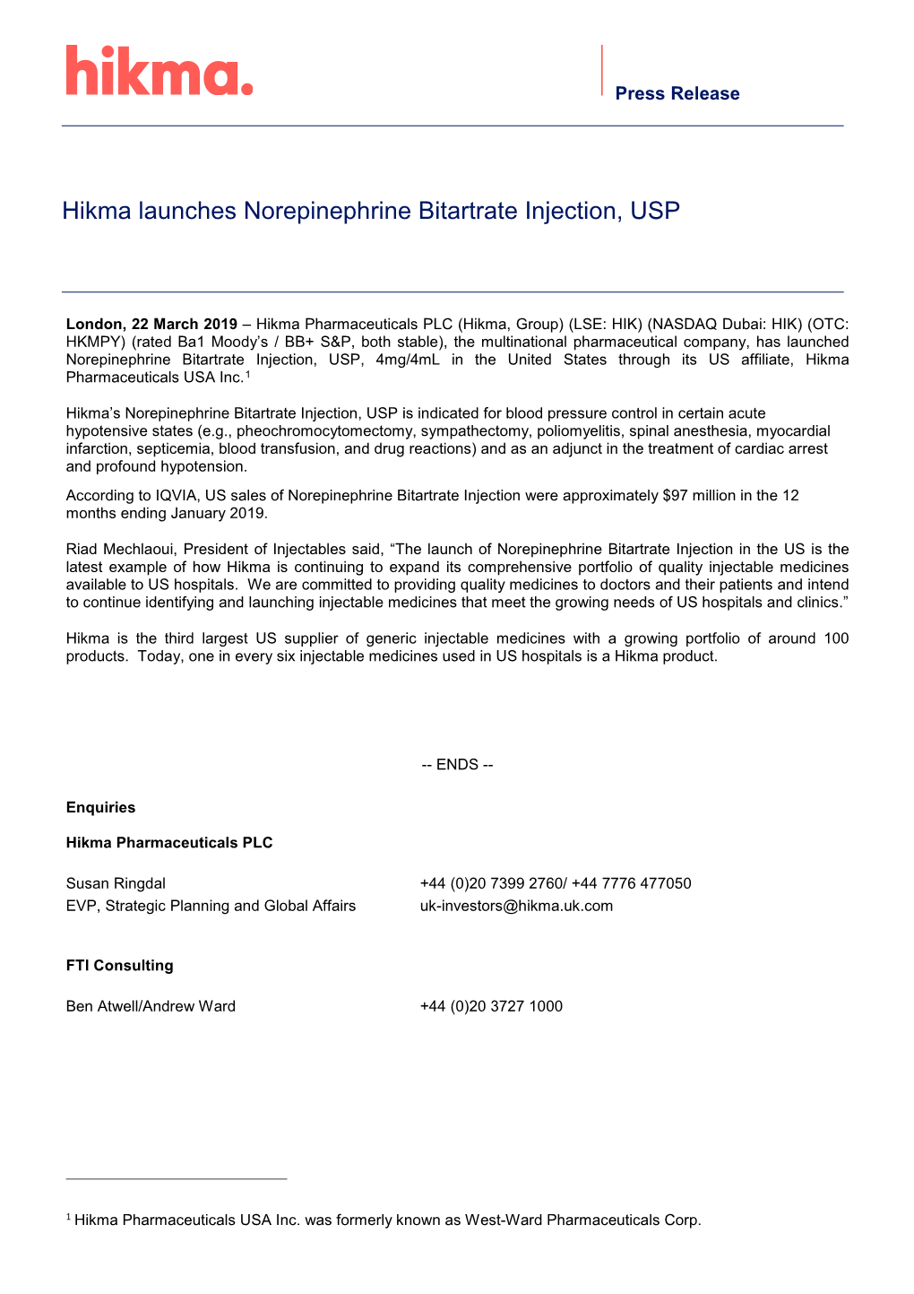 Hikma Launches Norepinephrine Bitartrate Injection, USP