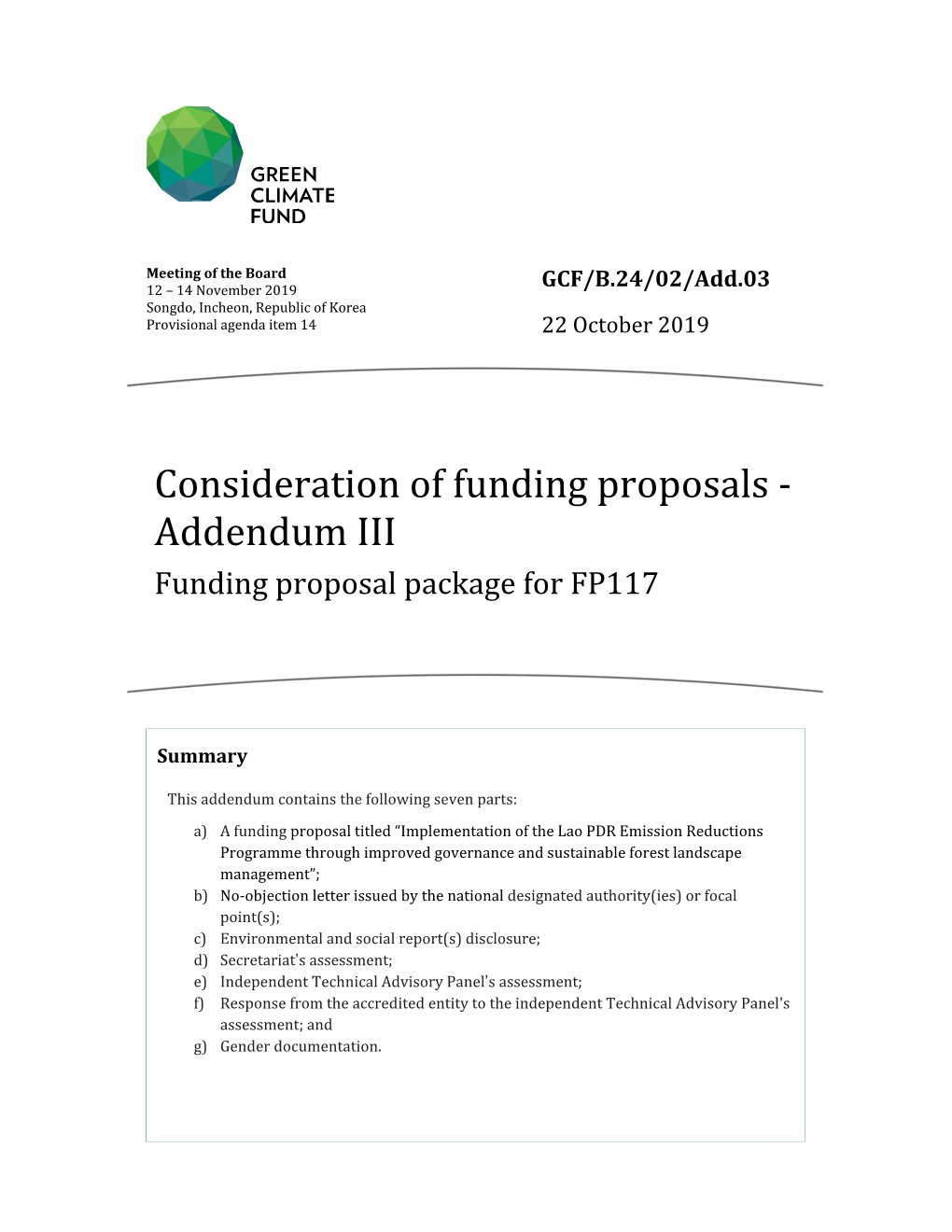 Consideration of Funding Proposals - Addendum III Funding Proposal Package for FP117