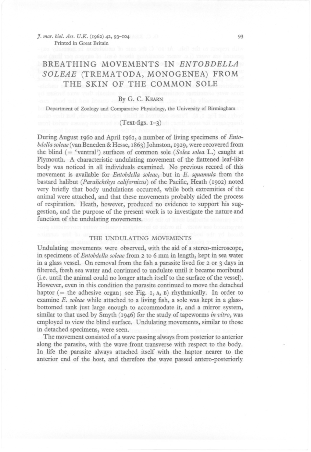 Breathing Movements in Entobdella Soleae (Trematoda, Monogenea) from the Skin of the Common Sole