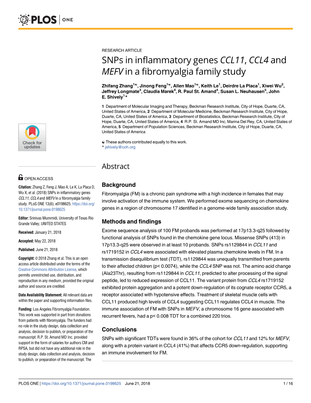 Snps in Inflammatory Genes CCL11, CCL4 and MEFV in a Fibromyalgia Family Study