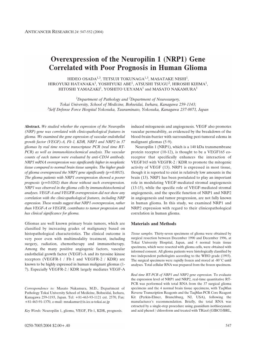 (NRP1) Gene Correlated with Poor Prognosis in Human Glioma