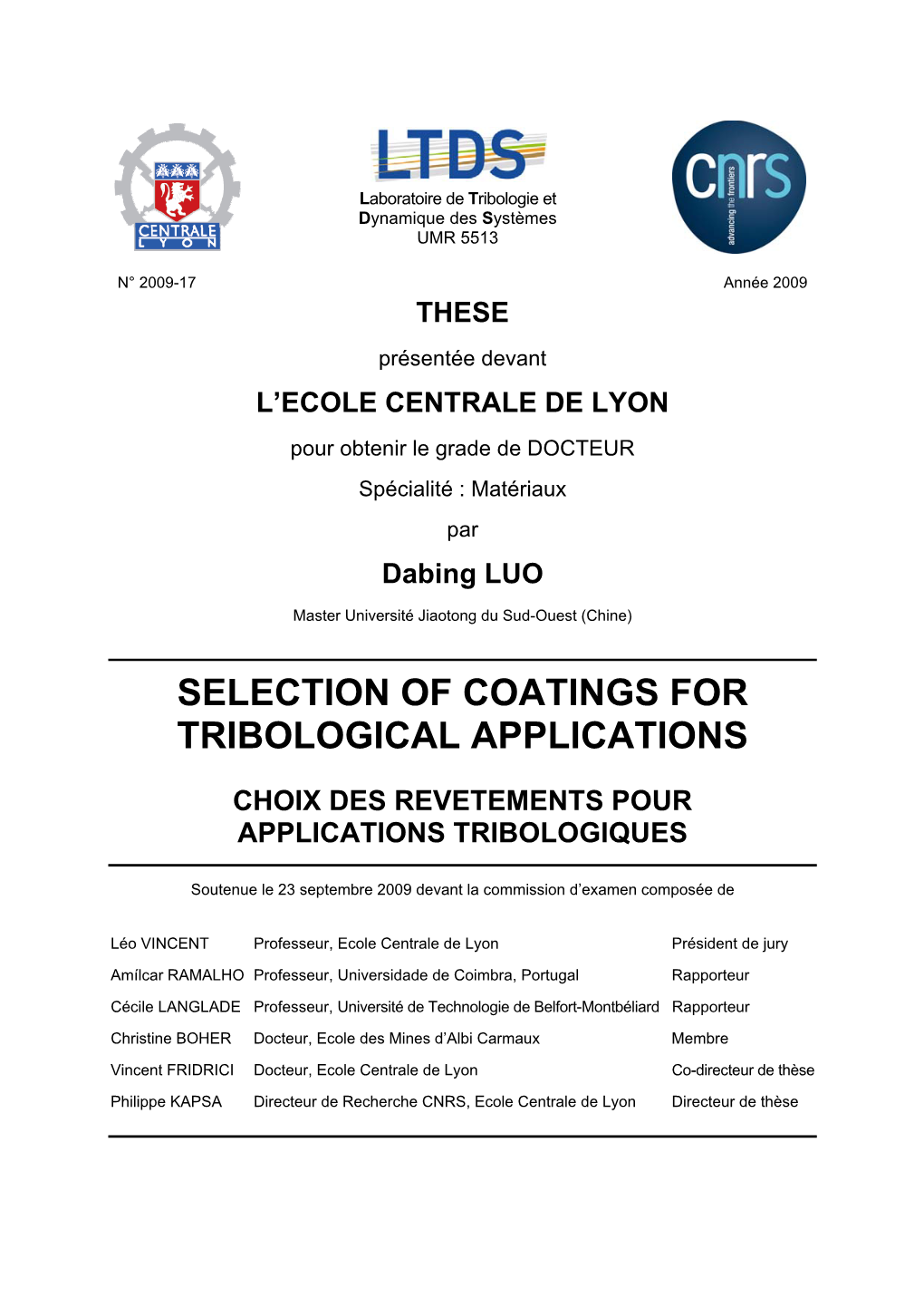 Selection of Coatings for Tribological Applications