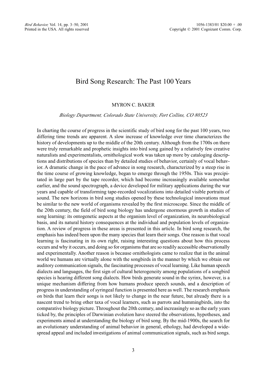 Bird Song Research: the Past 100 Years