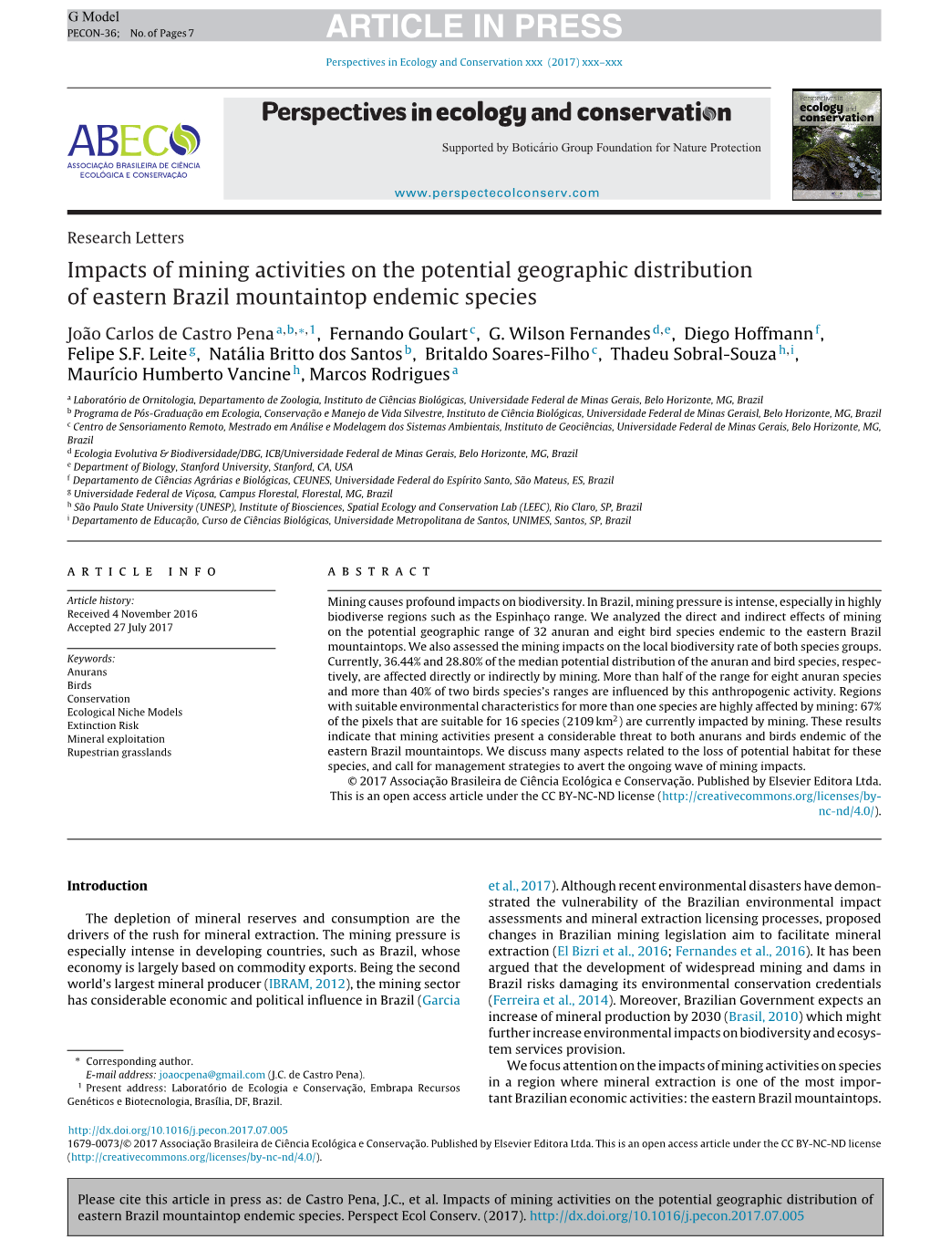 Impacts of Mining Activities on the Potential Geographic Distribution of Eastern Brazil Mountaintop Endemic Species