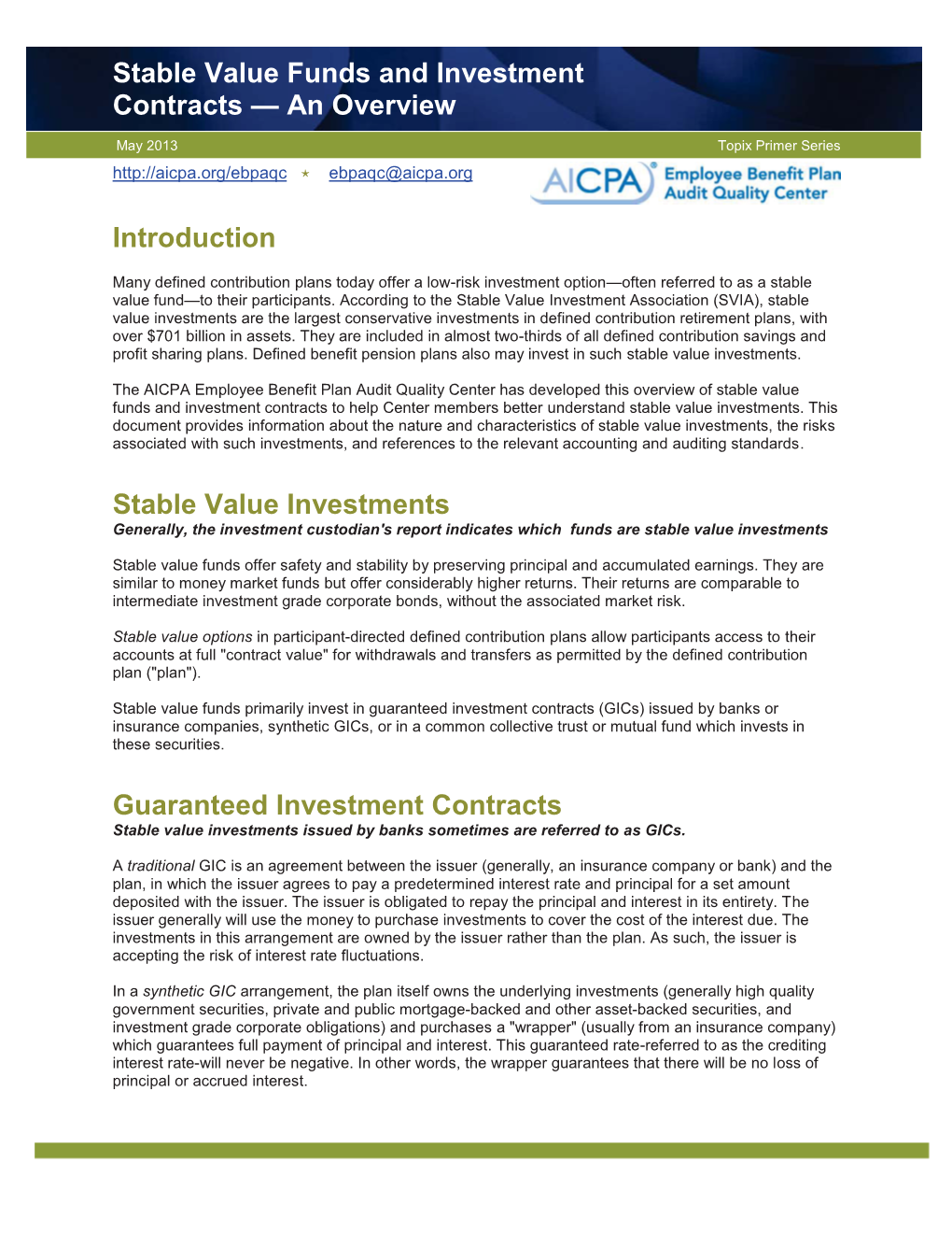 Stable Value Funds and Investment Contracts — an Overview