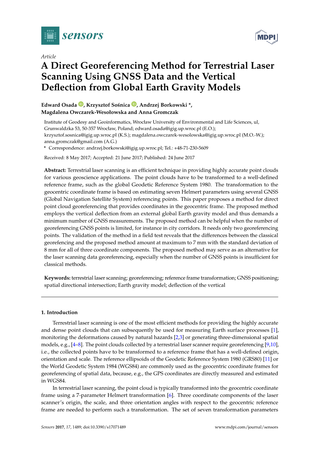 A Direct Georeferencing Method for Terrestrial Laser Scanning Using GNSS Data and the Vertical Deﬂection from Global Earth Gravity Models