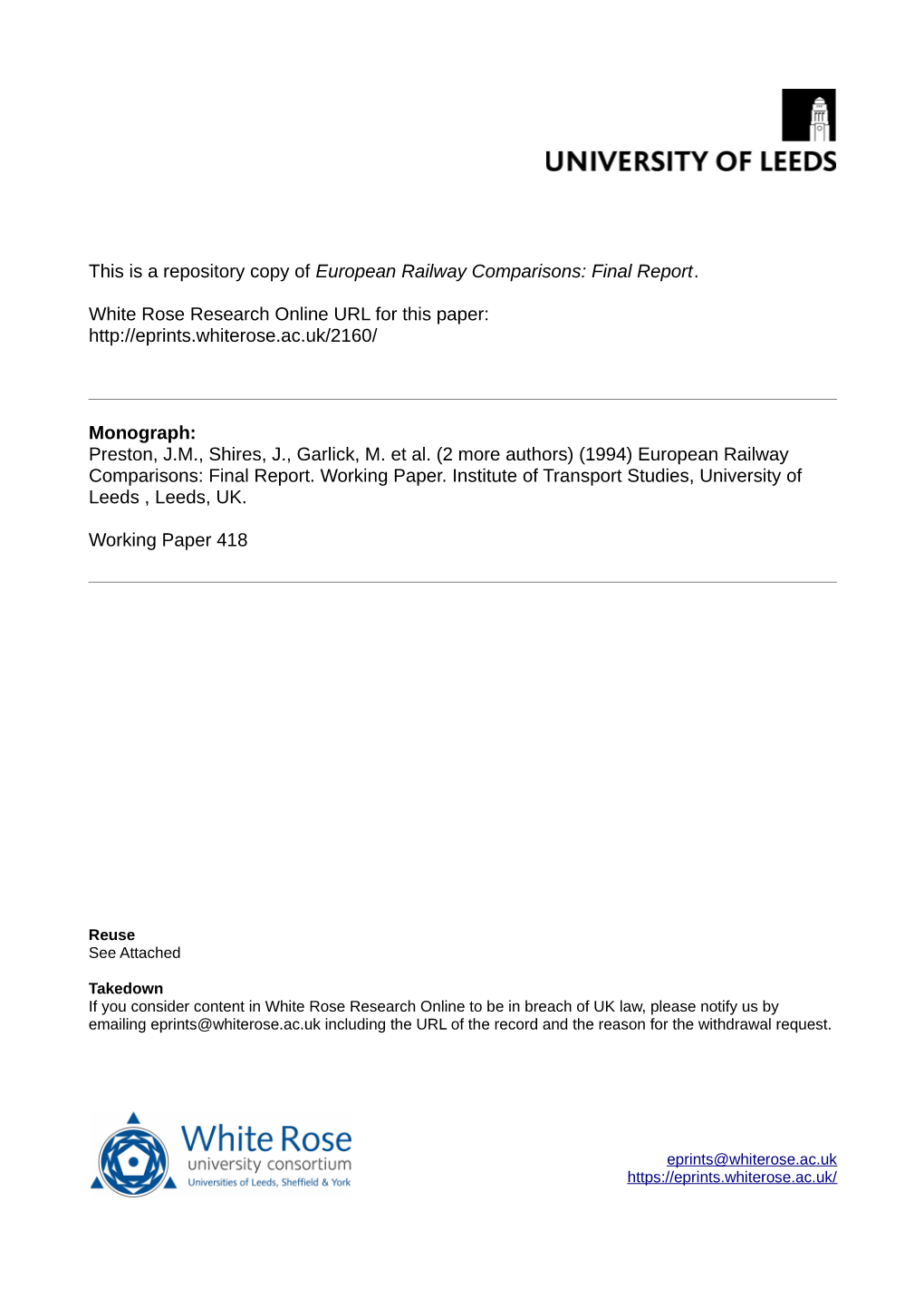 European Railway Comparisons: Final Report