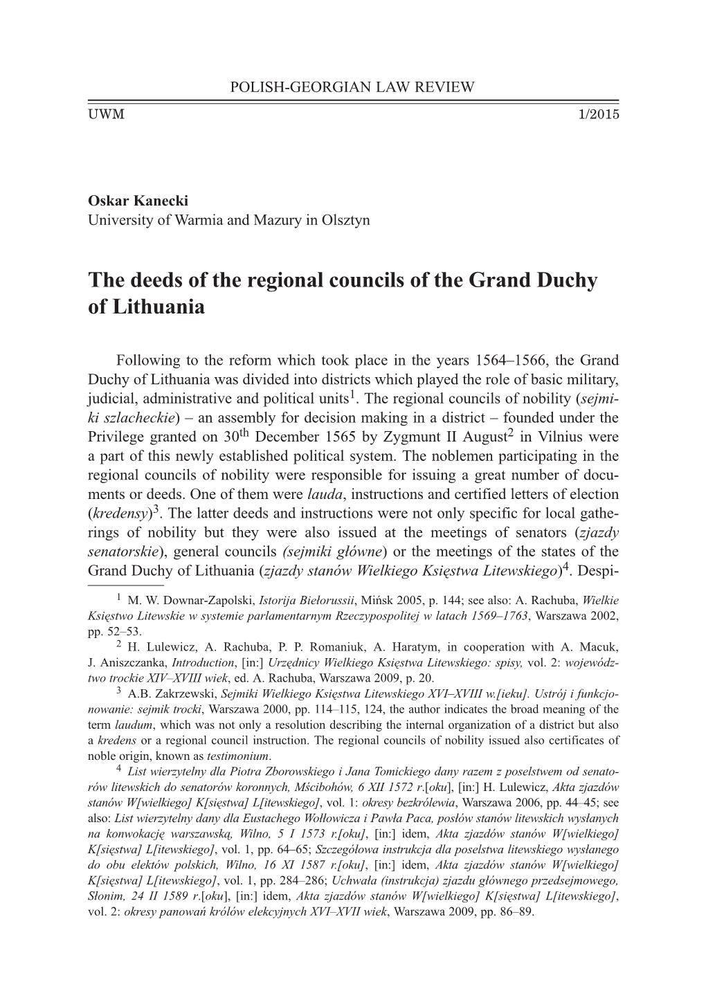 The Deeds of the Regional Councils of the Grand Duchy of Lithuania