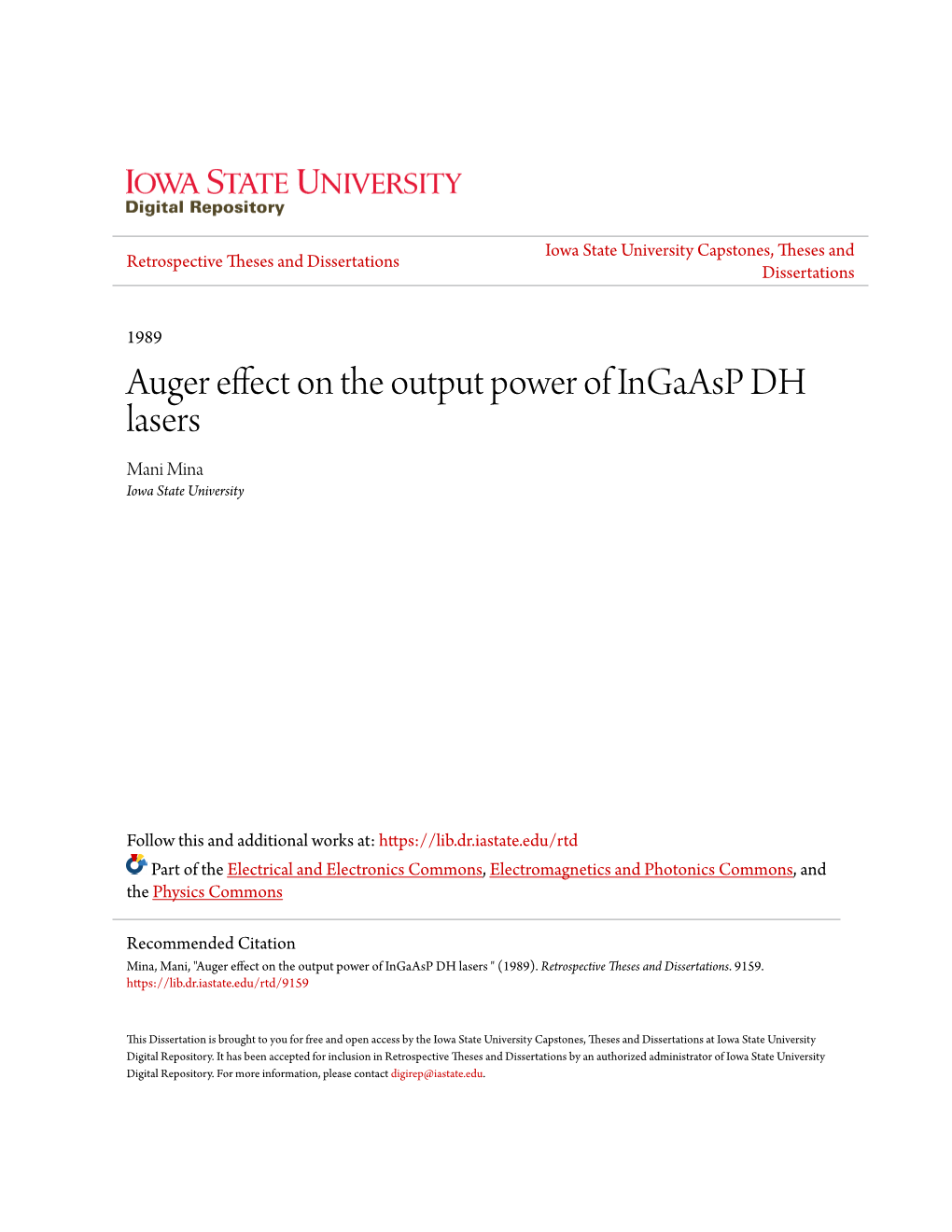 Auger Effect on the Output Power of Ingaasp DH Lasers Mani Mina Iowa State University