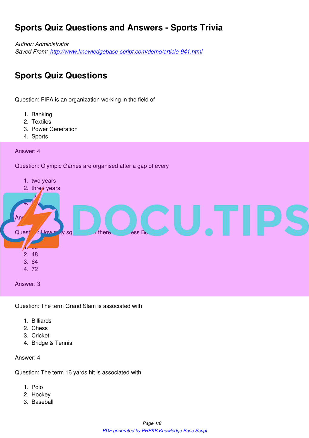 Sports Quiz Questions and Answers - Sports Trivia