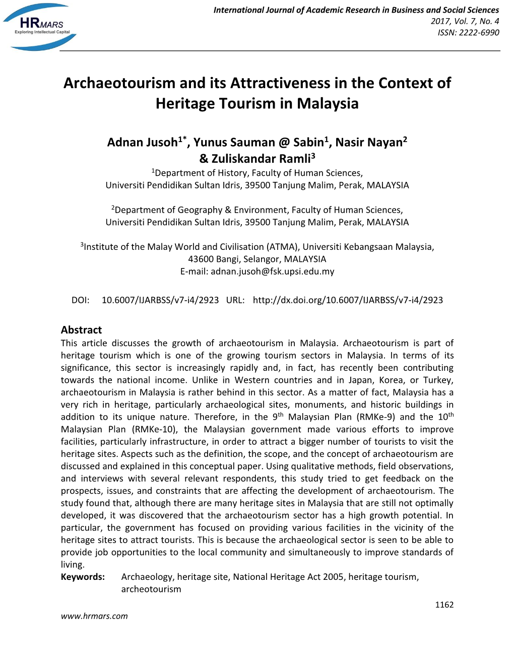 Archaeotourism and Its Attractiveness in the Context of Heritage Tourism in Malaysia