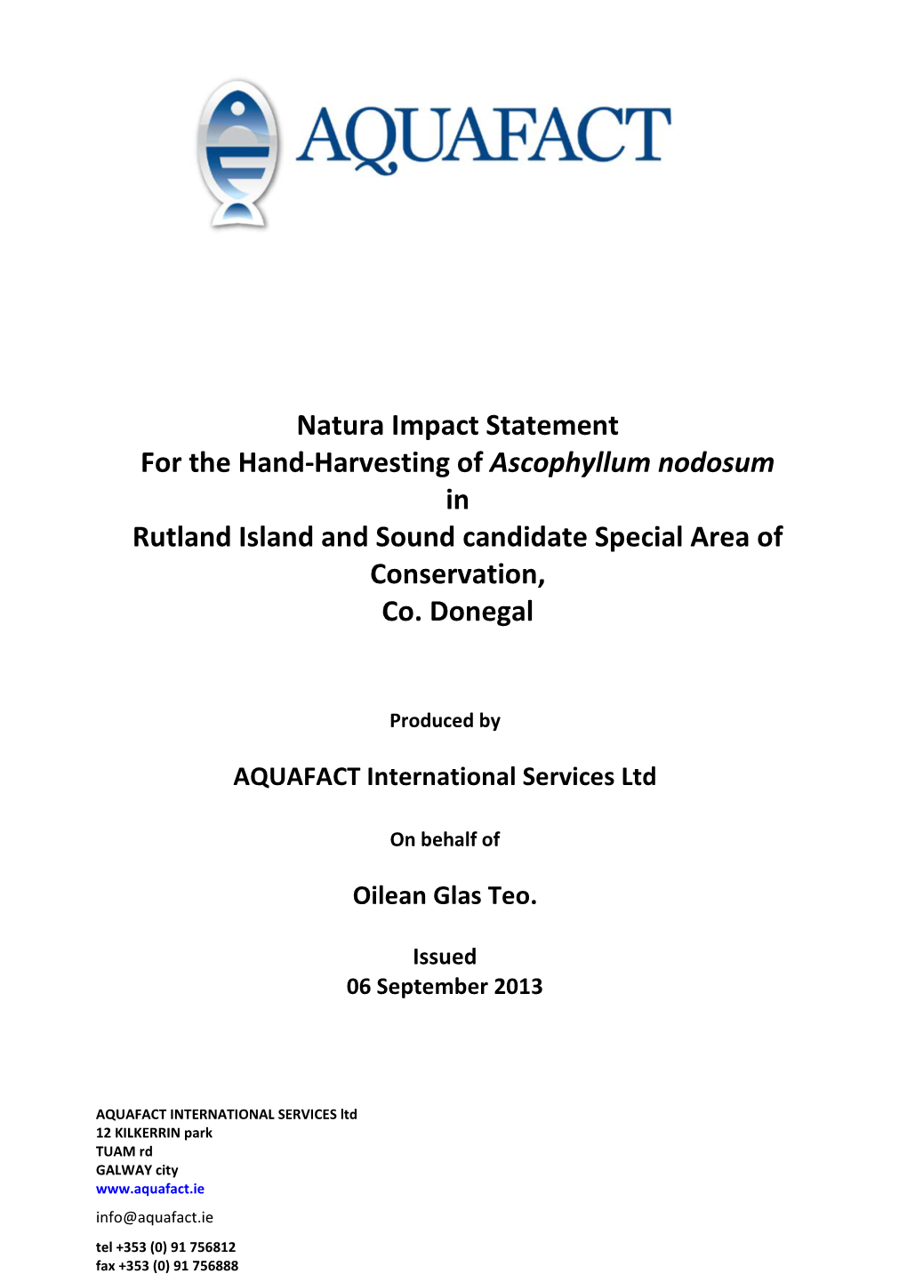 Natura Impact Statement for the Hand-Harvesting of Ascophyllum Nodosum in Rutland Island and Sound Candidate Special Area of Conservation, Co