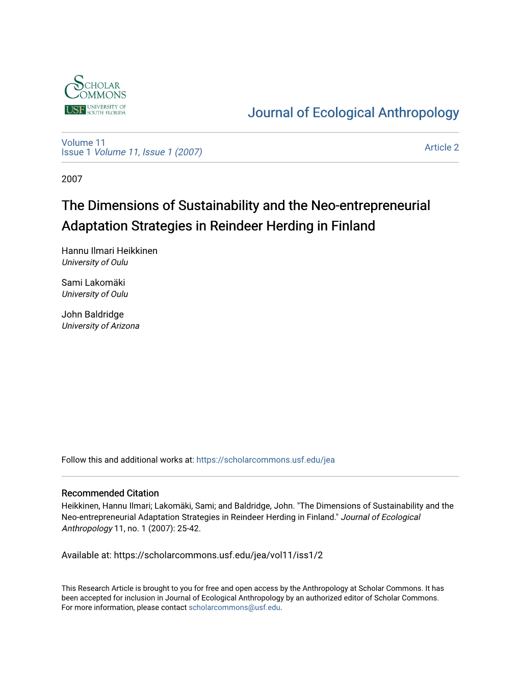 The Dimensions of Sustainability and the Neo-Entrepreneurial Adaptation Strategies in Reindeer Herding in Finland