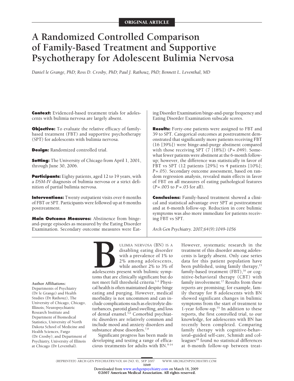 A Randomized Controlled Comparison of Family-Based Treatment and Supportive Psychotherapy for Adolescent Bulimia Nervosa
