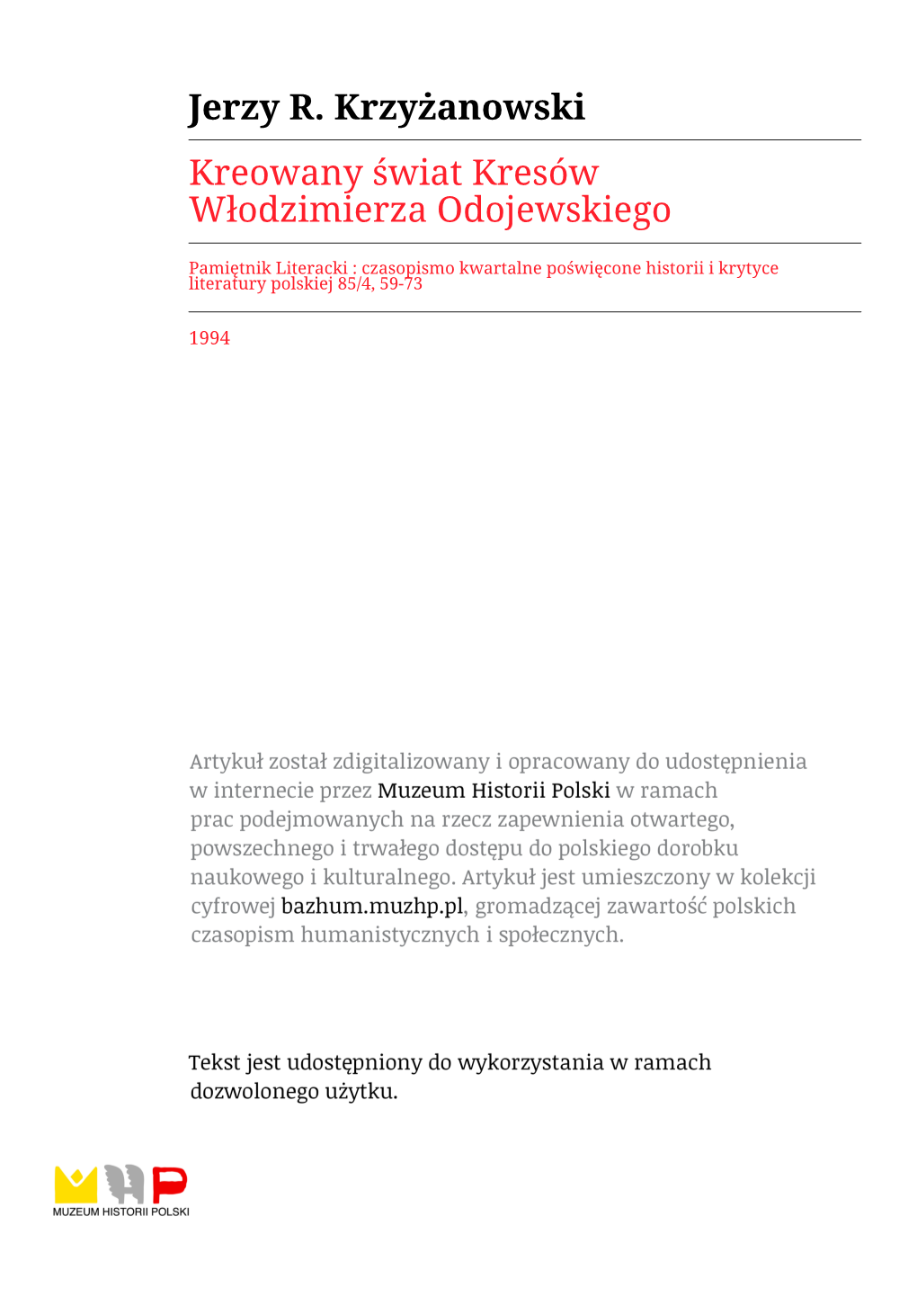 Jerzy R. Krzyżanowski Kreowany Świat Kresów Włodzimierza Odojewskiego