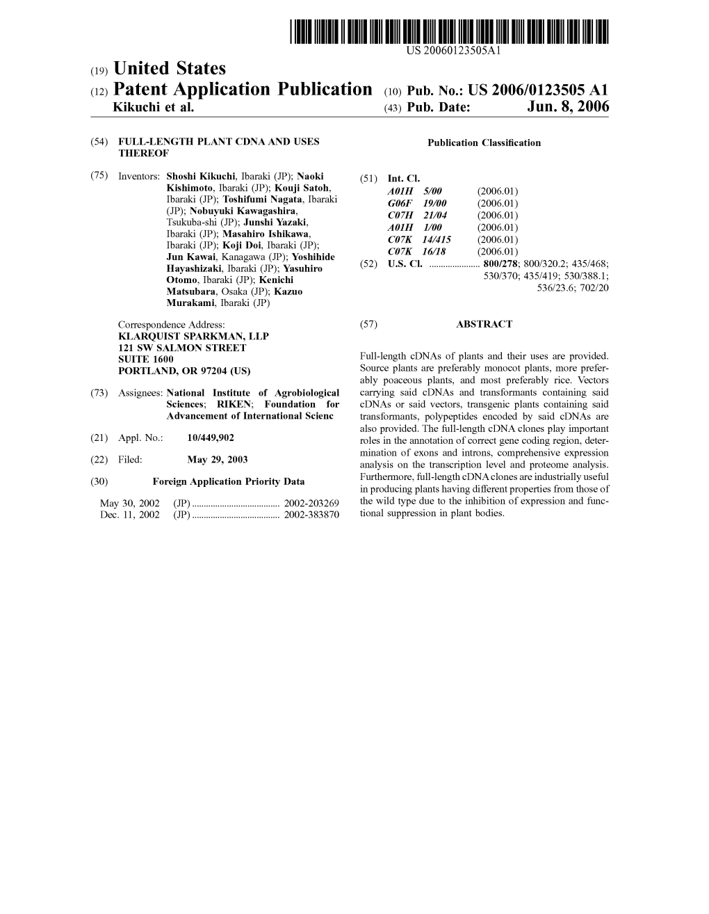 (12) Patent Application Publication (10) Pub. No.: US 2006/0123505 A1 Kikuchi Et Al