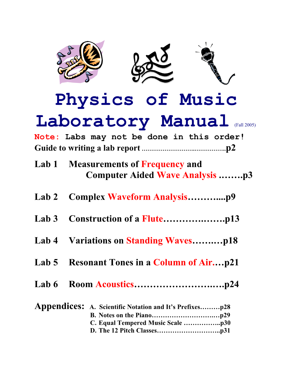 Physics of Music Laboratory Manual (Fall 1999)