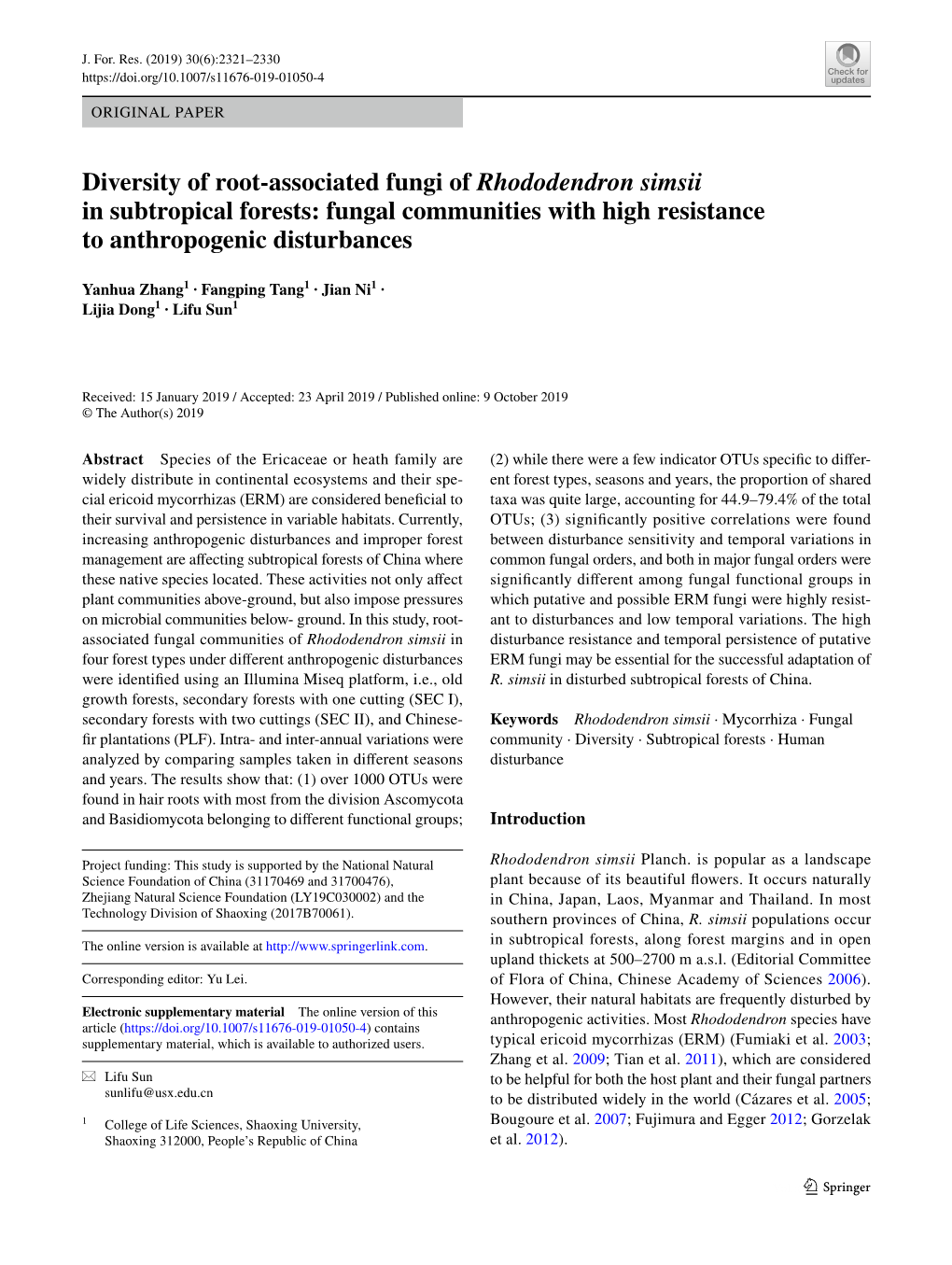 Diversity of Root-Associated Fungi of Rhododendron Simsii in Subtropical