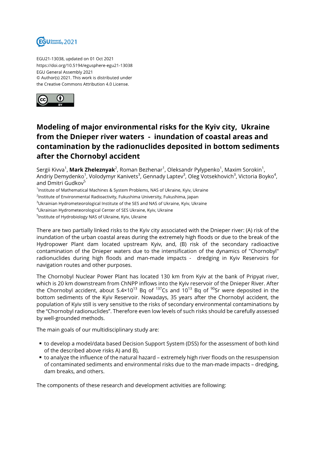 Modeling of Major Environmental Risks for the Kyiv City, Ukraine from The