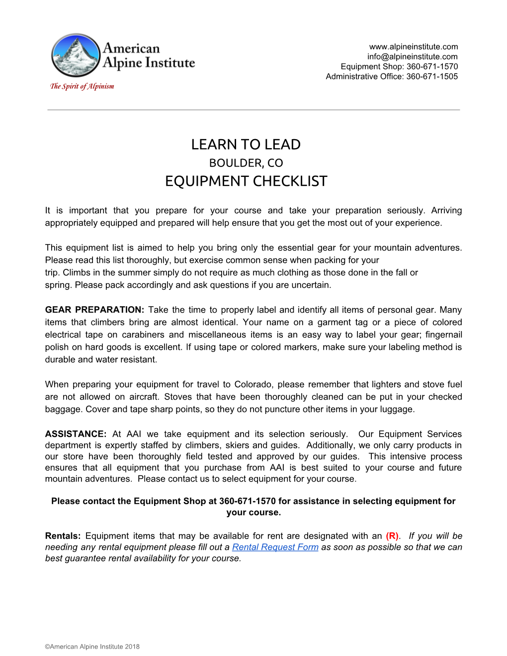 Learn to Lead Equipment Checklist