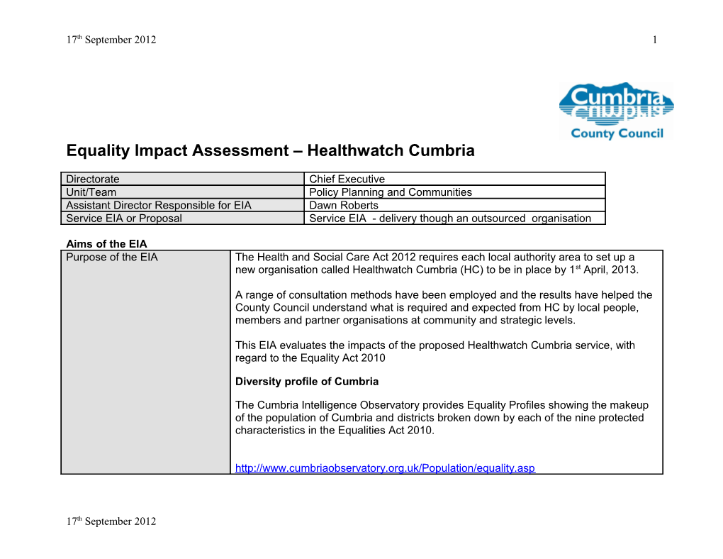 Proforma: Equality Impact Assessment