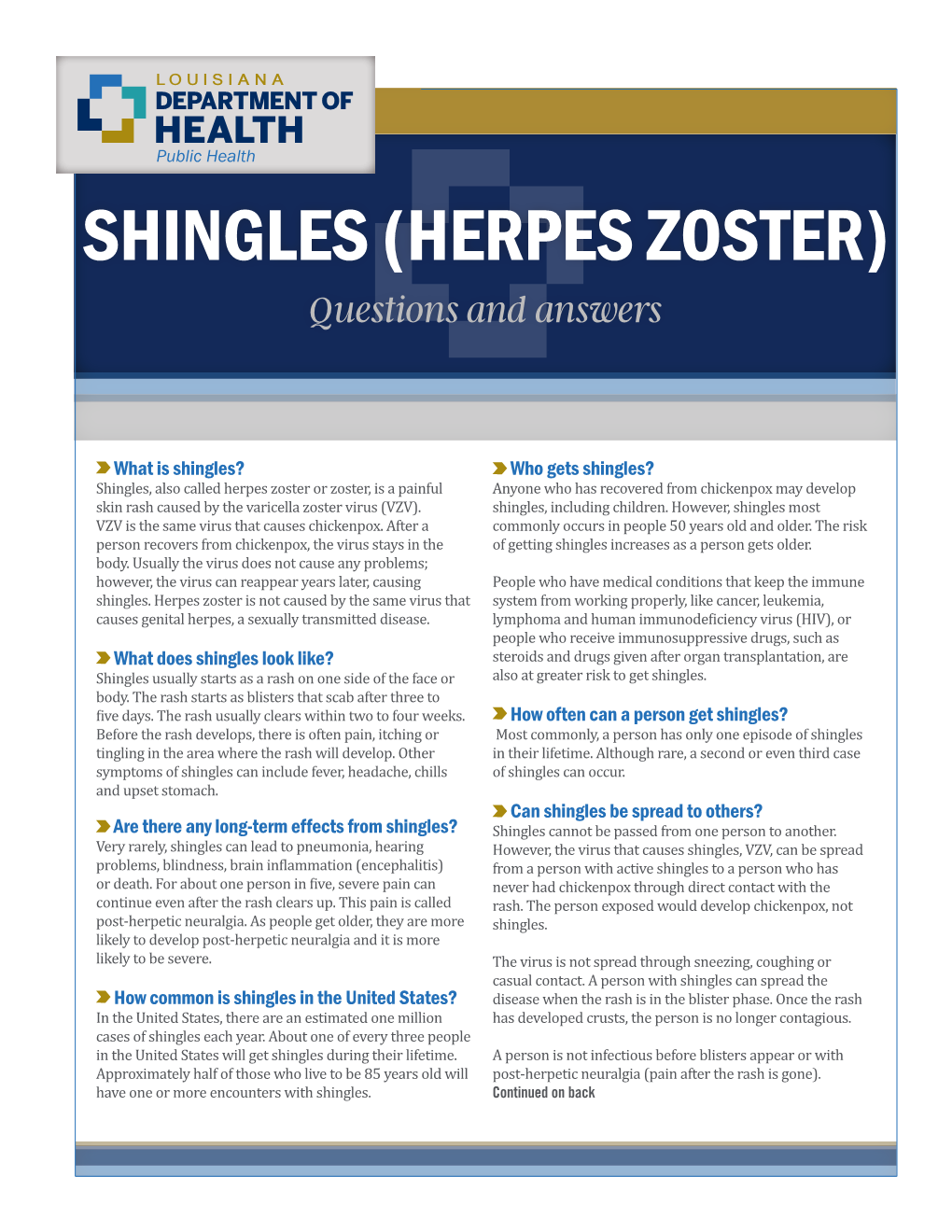 SHINGLES (HERPES ZOSTER) Questions and Answers