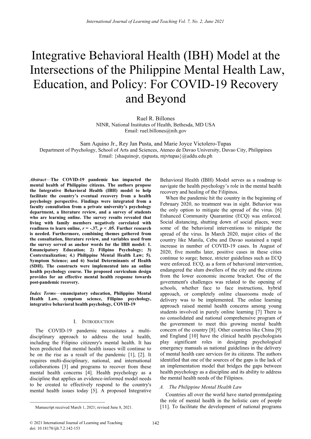 Integrative Behavioral Health (IBH) Model at the Intersections of the Philippine Mental Health Law, Education, and Policy: for COVID-19 Recovery and Beyond