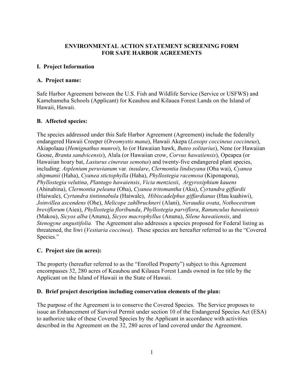 Environmental Action Statement Screening Form for Safe Harbor Agreements