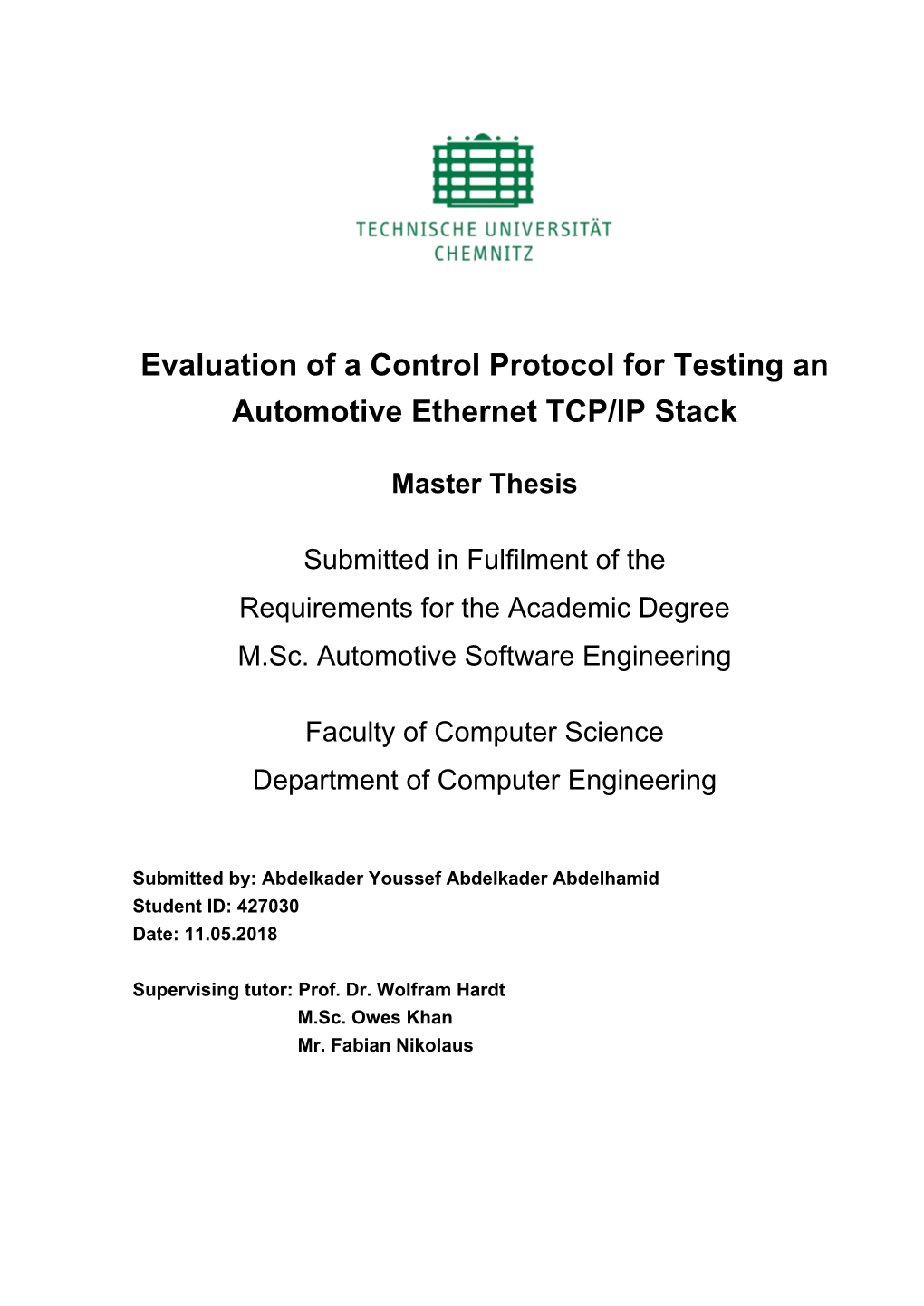 Evaluation of a Control Protocol for Testing an Automotive Ethernet TCP/IP Stack