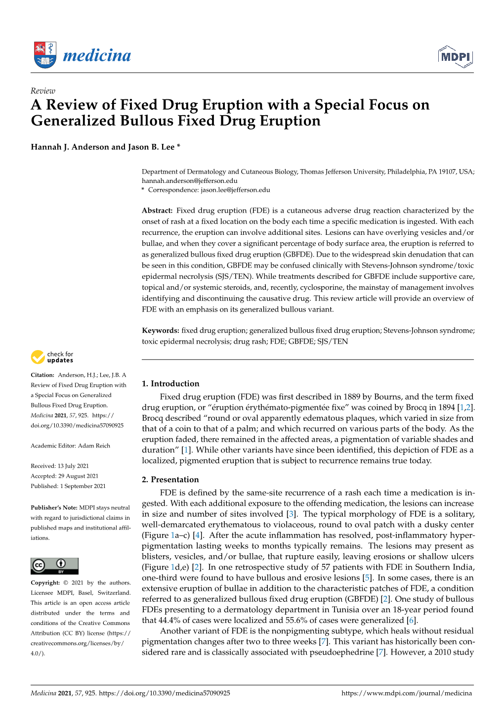 A Review of Fixed Drug Eruption with a Special Focus on Generalized Bullous Fixed Drug Eruption