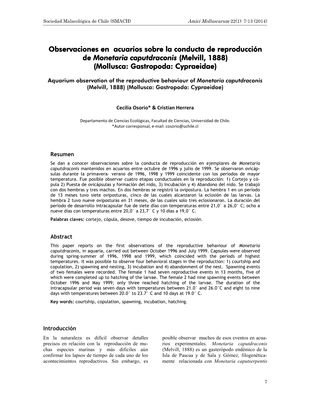 Observaciones En Acuarios Sobre La Conducta De Reproducción De Monetaria Caputdraconis (Melvill, 18881888)))) (Mollusca: Gastropoda: Cypraeidae)