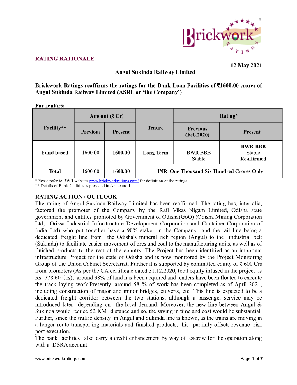 RATING RATIONALE 12 May 2021 Angul Sukinda Railway Limited