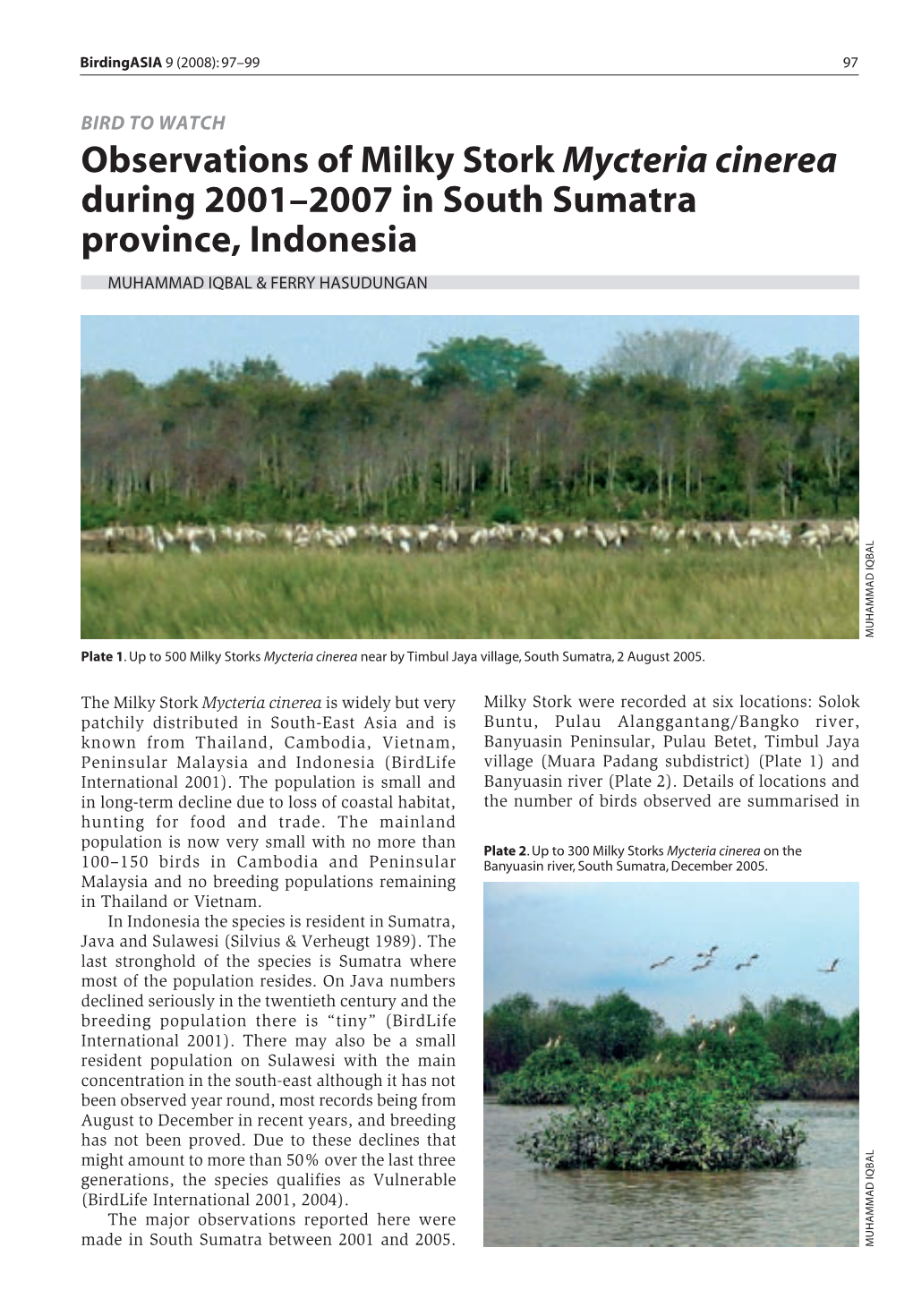 Observations of Milky Stork Mycteria Cinerea During 2001–2007 in South Sumatra Province, Indonesia MUHAMMAD IQBAL & FERRY HASUDUNGAN MUHAMMAD IQBAL Plate 1
