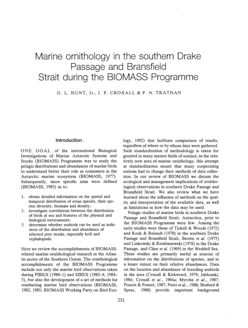 Marine Ornithology in the Southern Drake Passage and Bransfield Strait During the BIOMASS Programme