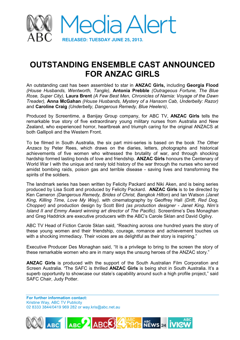 Outstanding Ensemble Cast Announced for Anzac Girls