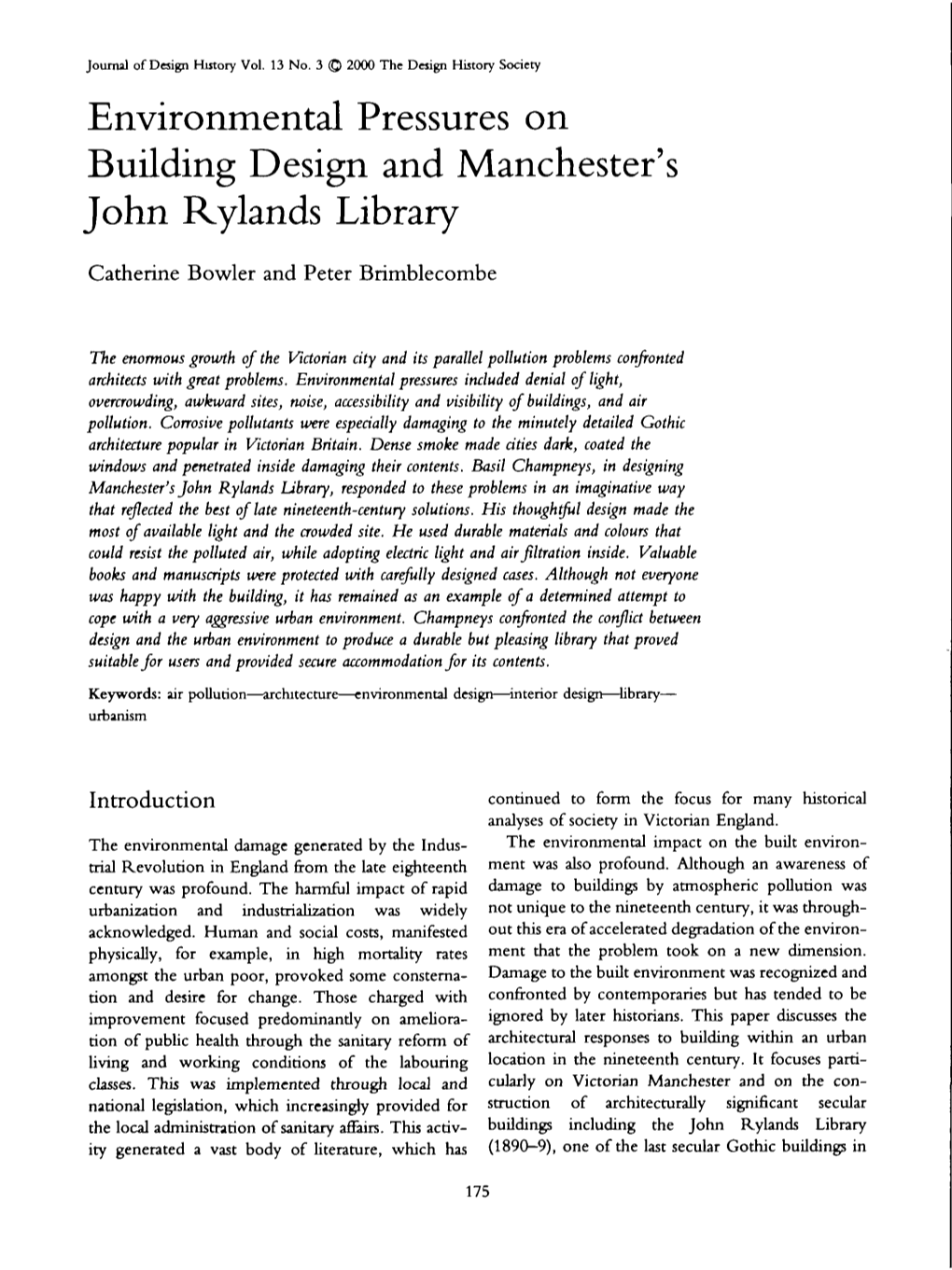 Environmental Pressures on Building Design and Manchester's John Rylands Library