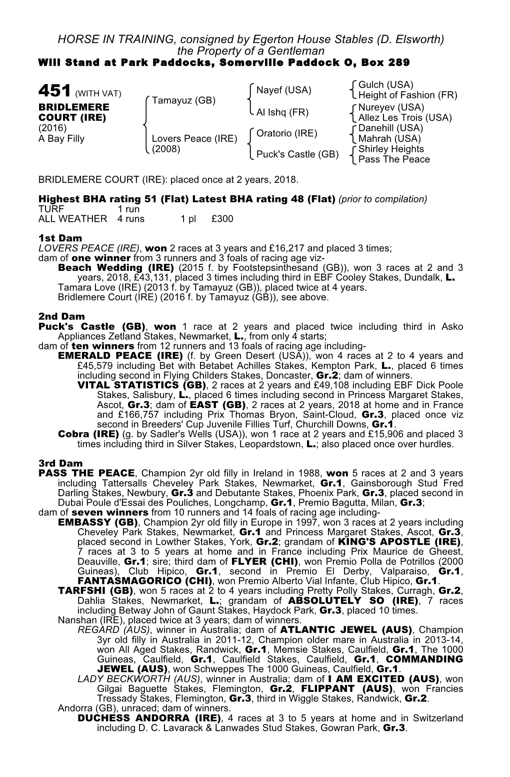 HORSE in TRAINING, Consigned by Egerton House Stables (D. Elsworth) the Property of a Gentleman Will Stand at Park Paddocks, Somerville Paddock O, Box 289